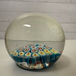Small Vintage Millefiori Art Glass Paperweight Flowers Colorful Dome Shaped